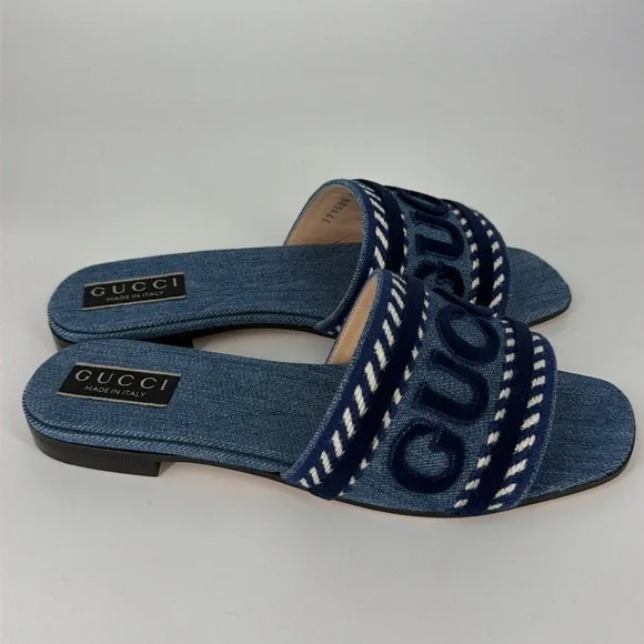 Gucci 36.5 Denim Jean Jane Logo Blue Stripe Slides Sandals E950 - Picture 5 of 14